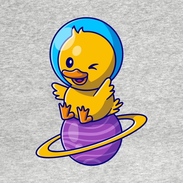 Cute Duck Astronaut Sitting On Planet Cartoon by Catalyst Labs